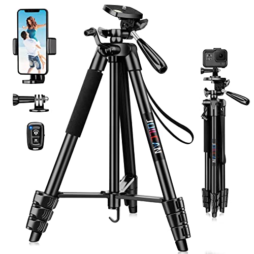JOILCAN 137 cm tripé para telemóvel, tripé para iPhone, tripé extensível de câmara portátil com controlo remoto e suporte de telefone, tripé de alumínio para telemóvel/webcam/câmara pequena