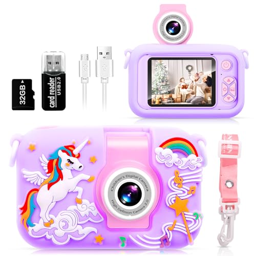 ARNSSIEN Câmara com fotos infantis, câmara de fotos para crianças com lente de 180°Flip e ecrã IPS 2,4 polegadas, brinquedo de aniversário para meninos e meninas de 3-12 anos, cartão de 32 GB, X101