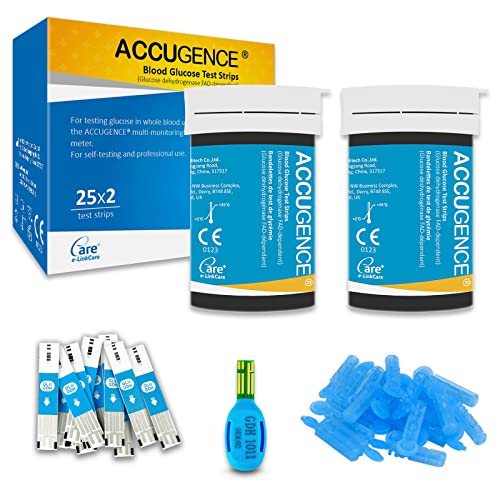 ACCUGENCE Tiras de glucose, 50 x tiras de teste de glucose, tiras reativas de glicose para e 50 lancetas (adequadas para ACCUGENCE PM900 3 em 1 monitor multifuncional)