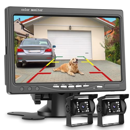 Kit de câmara traseira de 7 polegadas com 2 câmaras traseiras, Podofo kit de câmara traseira 18 IR LED de visão noturna IP68 à prova de água câmara traseira para camião RV Bus 9V-35V