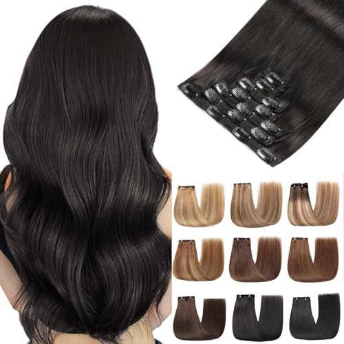 EINbeauty Clipe de extensões de cabelo natural, 7 unidades 120 g 50 cm extensões naturais de clipe de cabelo preto natural Human Hair Extensão (20 polegadas, 1B#)