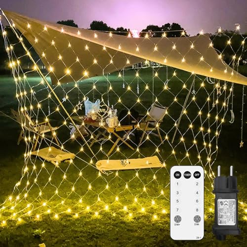Rede de luzes exterior 3 x 2 m 200 LEDs corrente de luzes exterior com tomada IP65 impermeável 8 modos temporizador para iluminação natalícia interior arbustos jardim quarto varanda parede branco