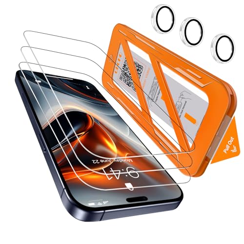 QHOHQ 3 peças protetor de ecrã para iPhone 17 Pro 1 conjunto protetor de câmera, top 9H vidro temperado, [12 pés proteção militar anti-impactos], instalação automática 1s, capa compatível