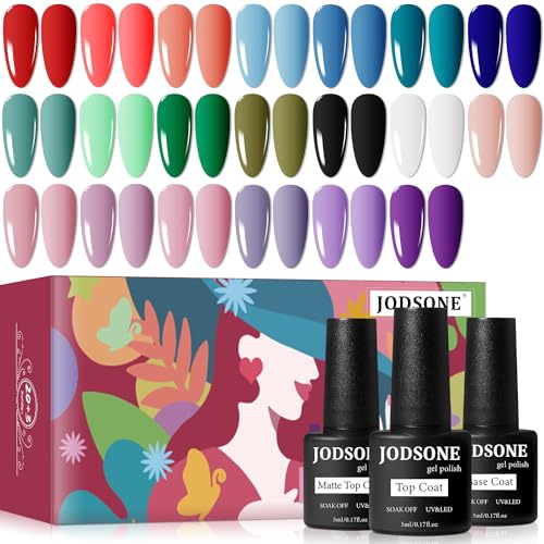 JODSONE Conjunto de vernizes de unhas de gel de 23 peças, com base brilhante e camada superior mate unhas de gel multicor de longa duração, adequado para todas as estações