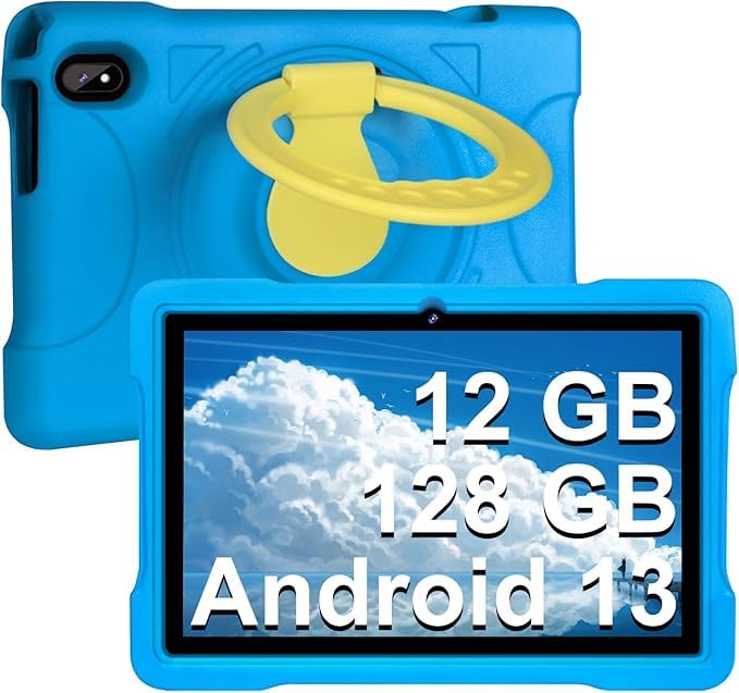 fezawio Tabletes para crianças Android 13, tablets de 10 polegadas, 12 GB de Ram 128 GB ROM (TF 512 GB), controlo parental, educação infantil, WiFi 5G, câmara dupla, EVA, azul