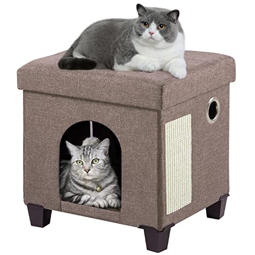 BRIAN & DANY Caverna dobrável para gatos de interior, cubo multifuncional com tábua de raspar e bola, 37 x 31,8 x 36 cm, castanho