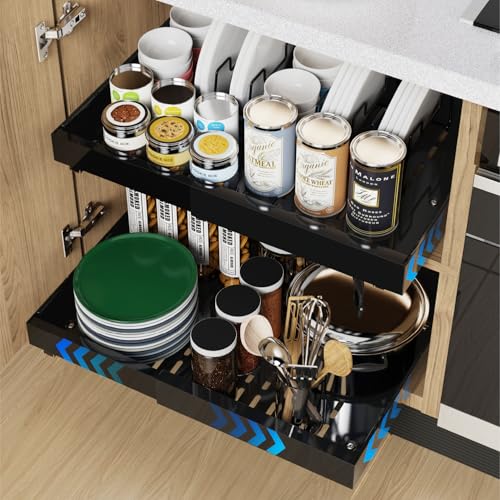 iHomara Embalagem de 2 organizadores de armário extensíveis com adesivo, gavetas de 53 cm de profundidade para cozinha, 8 prateleiras para tampas de panelas, largura ajustável de 32 a 53 cm
