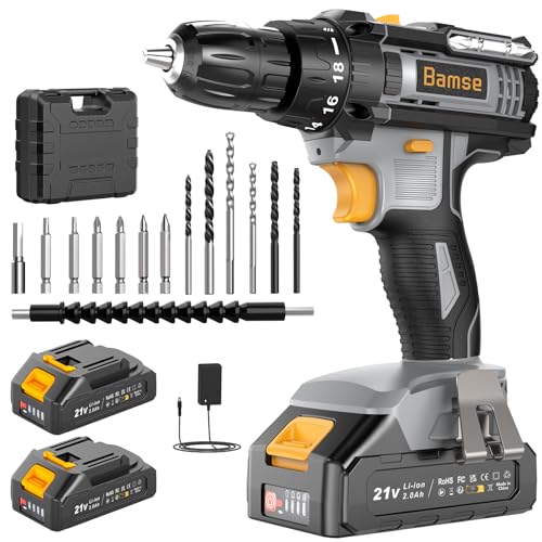 Bamse Broca parafuso bateria com 2 baterias 2,0 Ah, parafuso elétrico 21 V, 42 N.m torque, broca 18 + 1, ajuste de par, 2 velocidades, 14 peças para bricolagem, cinzento