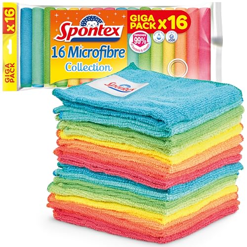 Bayetas de microfibra de Spontex para limpieza | 16 bayetas Microfibre Collection | Para usar como trapos del polvo y paños de cocina | 30 x 30 cm | Colores surtidos | 16 unidades