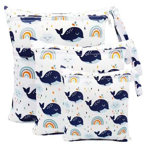 shallyong Saco de fraldas para bebé, 3 peças saco impermeável, Wet Bag fraldas, saco de fraldas, reutilizável lavável organizador, para viagens praia piscina ginásio, Baleia - 3, Bolsa de fraldas