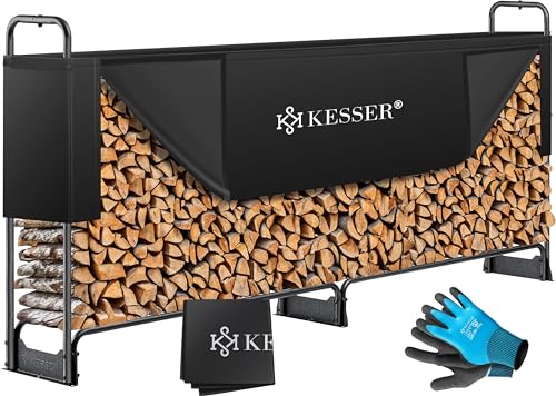 KESSER® Prateleira para lenha estante de metal para lenha exterior estrutura de aço capa e luvas estante para lenha 200 kg armazenamento impermeável de lenha - 260 x 36 x 117 cm