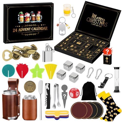 Hretvoi Calendário do advento homem adulto, calendário de advento para homens 2025, calendário advento com 24 presentes originais para homens, conjunto vinho barato que inclui frasco, abridor e