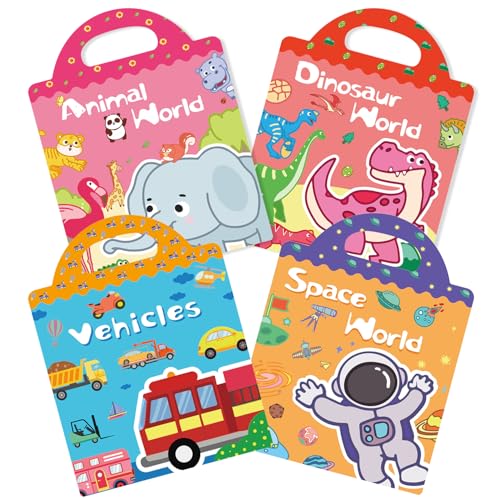 Autocolantes de livro (versão melhorada) conjunto de 4 autocolantes infantis reutilizáveis, dinossauro animal espaço + veículos tema, adequado para crianças com mais de 2 anos