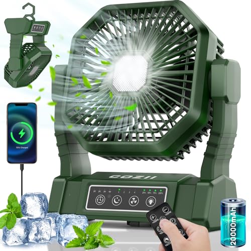 COZII Ventoinha de campismo recarregável, ventilador de mesa de 20000 mAh, ventilador de mesa de 4 velocidades, ventilador USB, ventilador portátil com luz LED, gancho de pendurar e controlo remoto