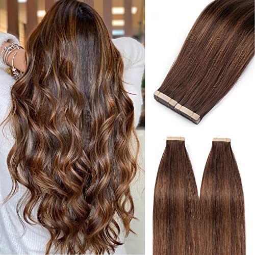 HotLulana Extensões adesivas cabelo natural preto natural castanho escuro mistura de castanho escuro (#2/2/6) 20 peças 35 cm 40 g 14 polegadas invisível extensões cabelo natural skin Weft Remy