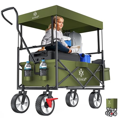 KESSER® Carrinho dobrável com teto Incl. Capa | Carrinho de jardim com 2 bolsos de rede e um exterior com travão na roda dianteira, rodas de borracha, até 100 kg de capacidade