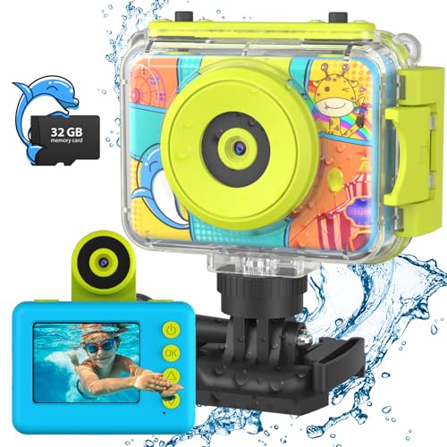 CHAKEYAKE Câmara com fotos infantis impermeável, 20 MP 1080 P HD câmara de fotos para crianças Selfie, câmara de vídeo com cartão SD de 32 GB, suporte para bicicleta, câmara digital brinquedos