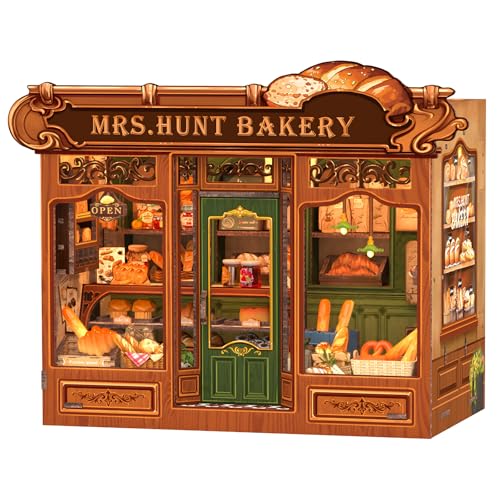 Fsolis DIY Book Nook Kit & Casa de bonecas - Casa em miniatura moderna com iluminação LED, quebra-cabeças e acessórios decorativos, os presentes mais criativos (Mrs.Hunt Bakery)