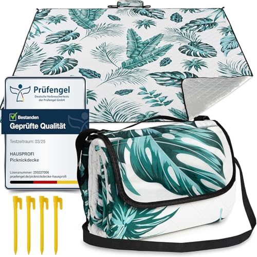 HAUSPROFI Manta de piquenique 200 x 200 cm, manta de piquenique impermeável, com 4 estacas de chão, manta de praia grande, portátil, impermeável, lavável na máquina, dobrável, para campismo, parque