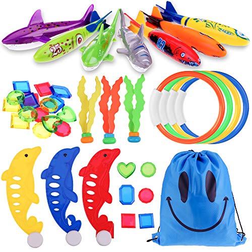 Fabur 34 peças, brinquedos de mergulho, conjunto para crianças, inclui 4 torpedos bandidos, 4 anéis de mergulho, 3 algas marinhas, 16 brinquedos de mergulho, 3 golfinhos, 3 tubarões, 1 bolsa com cordão.