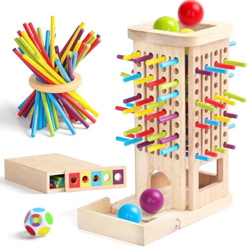 Brinquedos crianças 3 4 anos jogos de mesa, 3 em 1 brinquedos Montessori com 40 palitos de madeira, dados e 5 bolas de cores torre de madeira jogos educativos aniversário presente menina menino 3 4 5