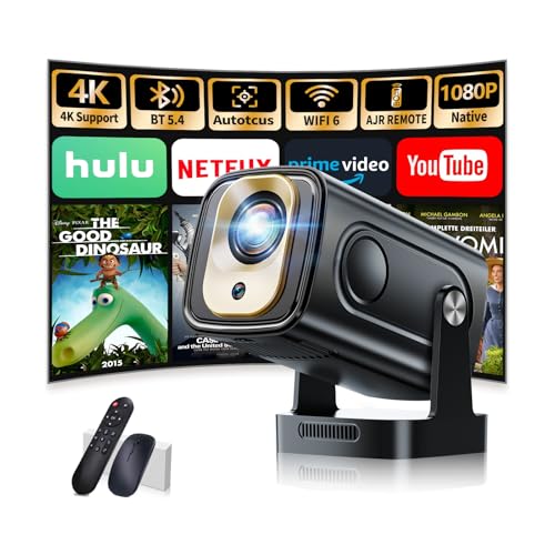 Mini projetor de vídeo, projetor portátil com WiFi 6 e BT 5.4, 1080P Full HD projetor 4K, projetor inteligente com função de foco automático e correção trapezoidal, para TV Stick/HDMI/PC/Laptop/PS5