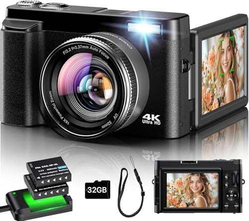 Câmara digital 4K, 48MP 16X Zoom câmara de fotos, câmara compacta com foco automático, flash, visão noturna, câmara fotográfica com carregador de berço, 2 baterias, 32 GB cartão para iniciantes