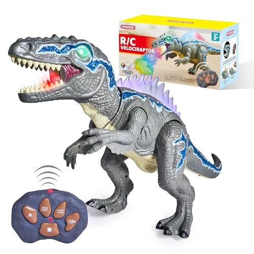 SYNCFUN Brinquedos de dinossauros de controlo remoto para meninos e meninas de 3 4 5 6 7 anos, dinossauros T-Rex realistas que caminham e rigem, presente de aniversário e Natal para meninos e meninas