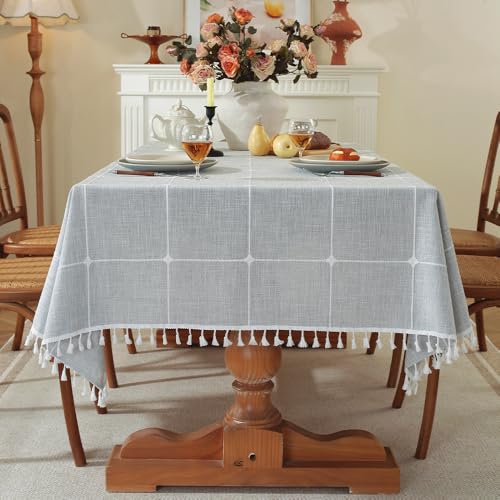 Pahajim Toalha de mesa algodão linho toalhas de mesa quadradas design de borla elegante antimanchas, capa de lavável, resistente para decoração da mesa de sala de jantar (cinzento, 90 x 90 cm)