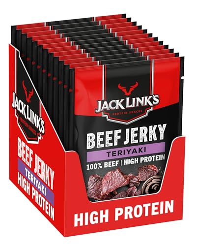 Jack Links Beef Jerky Teriyaki (12 x 60 g), proteção de carne, canelas, altamente protetora, ceia seca rica em proteínas, Snack proteico alto em proteínas para fitness, ao ar livre