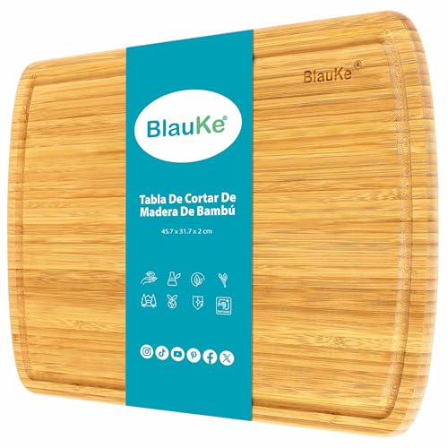 Tábua de cortar para cozinha, madeira de bambu (grande 45 x 31 cm), bandeja para servir alimentos, tábua de cozinha, tábua de madeira para cortar carne, legumes, queijos, pão, enchidos - BlauKe®
