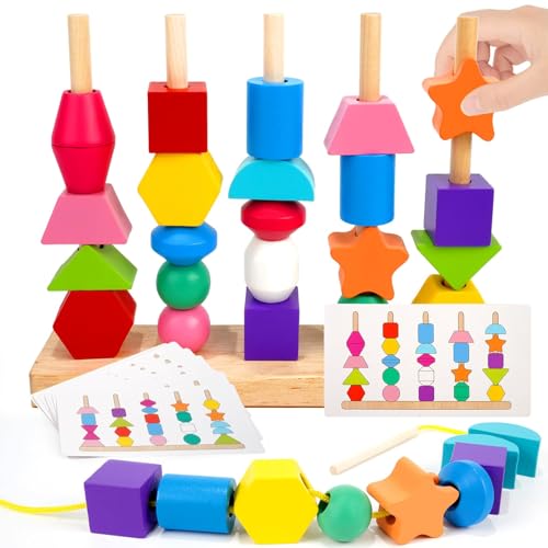 Tosekry Montessori Brinquedos crianças 2 3 4 anos, jogos educativos crianças 2 3 4 anos montessori jogos empilháveis empilháveis empilhar e enfiar de madeira presente