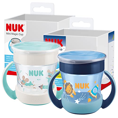 NUK Mini Magic Cup Night caneca para beber, + 6 meses | 160 ml, borda à prova de derrames de 360° para beber de qualquer lado, Brilha no escuro, sem BPA, leão (azul), 2 unidades