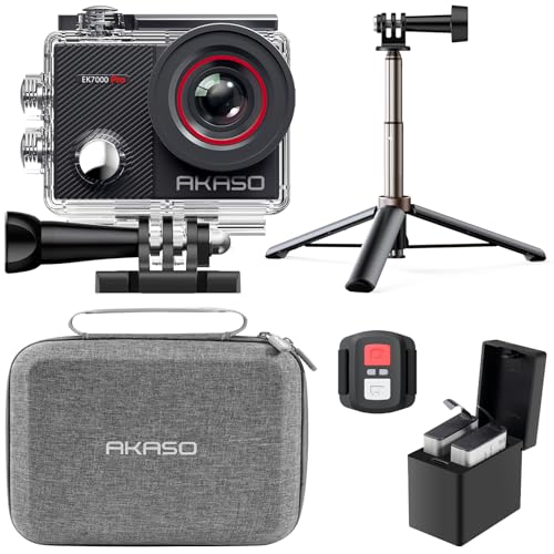 AKASO Pacote de criador EK7000 Pro câmara desportiva 4K WiFi 20 MP, bolsa de armazenamento para câmara de ação, câmara aquática submergível com 60 cm bastão selfie com 2 baterias