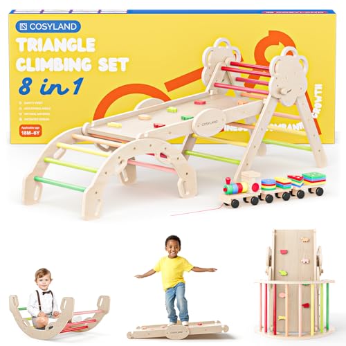 COSYLAND 8 em 1 triângulo de escalada Montessori com arco e rapa, conjunto dobrável infantil, brinquedo de madeira resistente para interiores, crianças 18 meses - 6 anos, cores quentes, grande