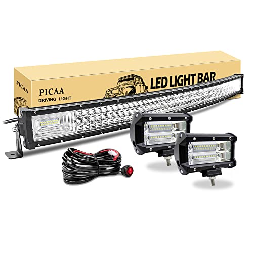 PICAA Barra de luz LED 42 polegadas 104 cm 540W 7D fila tripla curva Spot Flood para motocicleta 4WD SUV ATV UTV camião 12 V com 2 X 5 polegadas luzes de trabalho