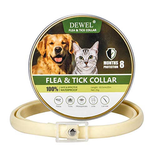 DEWEL Coleira contra pulgas coleira anti-derrame e carraças 8 meses de proteção para cães e gatos, pequenos médios e grandes, 63,5 cm, bege