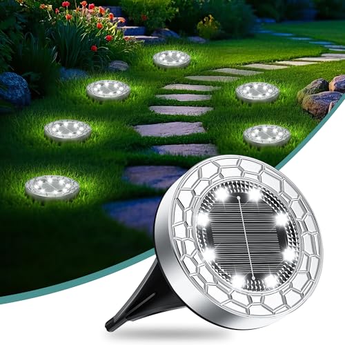 FIFlying Candeeiros solares de chão, 6 unidades, lâmpada solar para jardim, 8 LED, iluminação solar, impermeável, para exterior, jardim, relva, caminho, pátio, branco frio