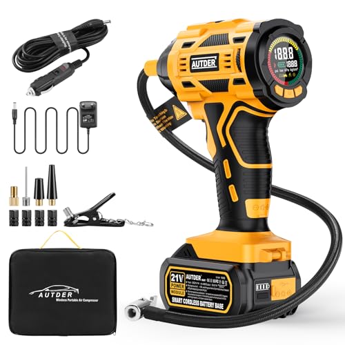 AUTDER Inflador de pneus 180 PSI, compressor portátil para carros/motos com bateria 21 V recarregável 2000 mAh, auto-desligado, luz LED, inclui capa impermeável - amarelo