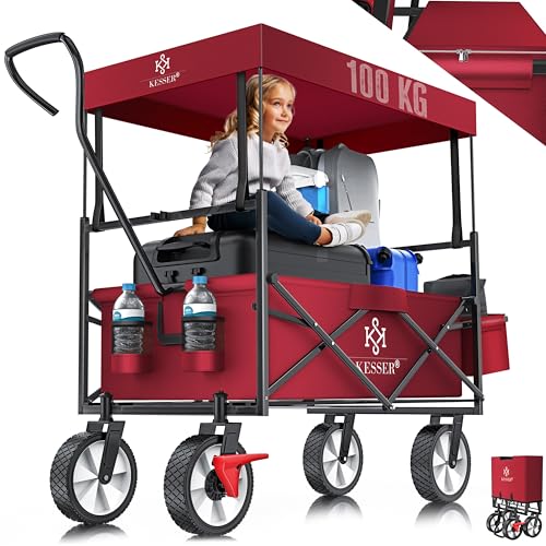 KESSER® Carrinho dobrável com teto Incl. Capa | Carrinho de jardim com 2 bolsos de rede e um exterior com travão na roda dianteira, rodas de borracha, até 100 kg de capacidade