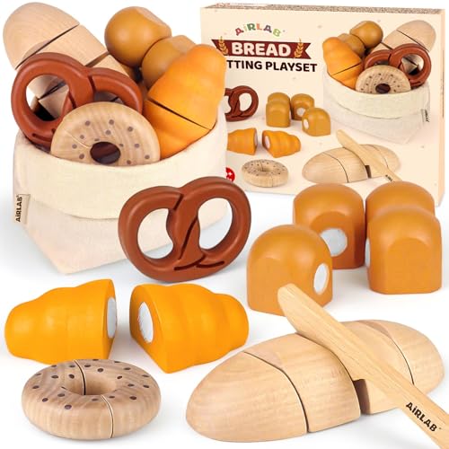 Airlab Comida de brinquedo de madeira para assar pão, alimentos de brinquedo para crianças, acessórios de cozinha e conjunto de chá de brinquedo, jogo de RPG Montessori brinquedo de piquenique para