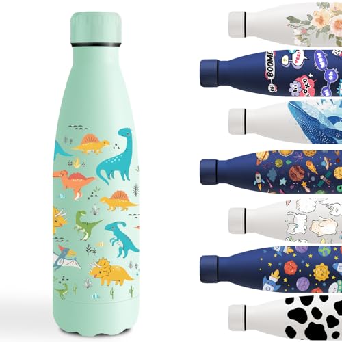 Garrafa de água de aço inoxidável 500 ml, antimplora de aço inoxidável, garrafa de água personalizada sem BPA, mantém 24H frio/12H calor, cantil para a escola, escritório, ginásio, ciano - dinossauro