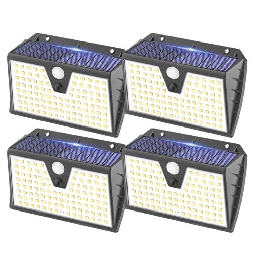SEZAC Luz solar exterior jardim, 3 modos holofotes solares exterior com sensor de movimento, IP67 luzes solares impermeáveis, candeeiros solares exteriores e jardim para segurança e iluminação, 4