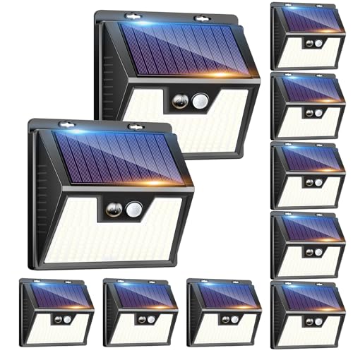 kolpop Potente luz solar exterior branca fria, [10 pacote / 3 modos] focos led solares exteriores 140 LED, luz solar exterior com sensor de movimento impermeável IP65 holofote solar para terraço