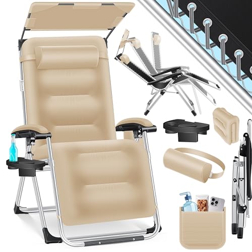 KESSER® Espreguiçadeira dobrável XXL, resistente ao interior, capacidade de carga de 200 kg, estofamento ergonómico, encosto ajustável, almofada cervical, porta-copos e almofada para braços, com toldo