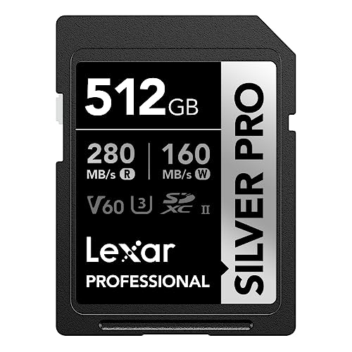 Lexar SILVER PRO Cartão SD de 512 GB, cartão de memória SD UHS-II, V60, U3, C10, leitura de até 280 MB/s, escrita de 160 MB/s, cartão SDXC para DSLR/câmara/fotógrafo/videógrafo (LSDSIPR512G-BNAA)