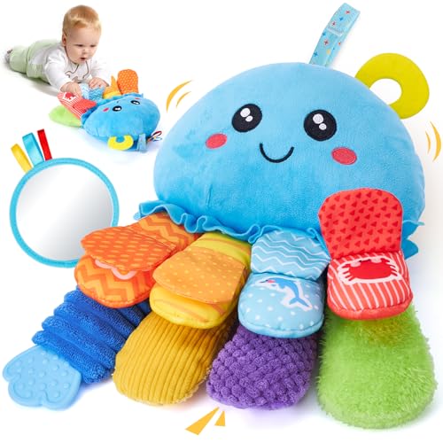 hahaland Brinquedos bebés 0-3 meses - polvo de peluche macio com chocalho, mordedor, espelho, sons - Tummy Time Montessori para bebé 0 a 6 12 meses