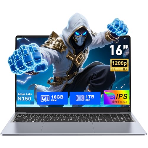 FUNYET 2025 Computador portátil de 16 polegadas Gaming Laptop, 16 GB de RAM, 1 TB de SSD, Win 11 Pro Notebook, PC portátil processador N150 (até 3,6 GHz), 6000 mAh, FHD 1920 * 1200 Teclado R