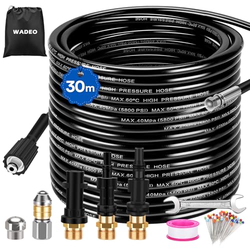 30 m Mangueira de limpeza de tubos para produtos de limpeza de alta pressão, WADEO 400 bar conjunto de limpeza de tubos adequado para Kärcher (K2-K7), Lavor, Parkside, Bosch - com adaptador e