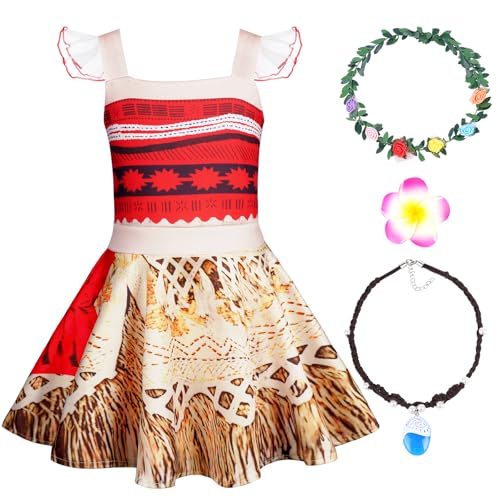 AUYAO Disfarce de Vaiana princesa, 4 peças vestido de lã para meninas com coroa de flores e colar, fato de aventura para o Havai Natal aniversário presente carnaval